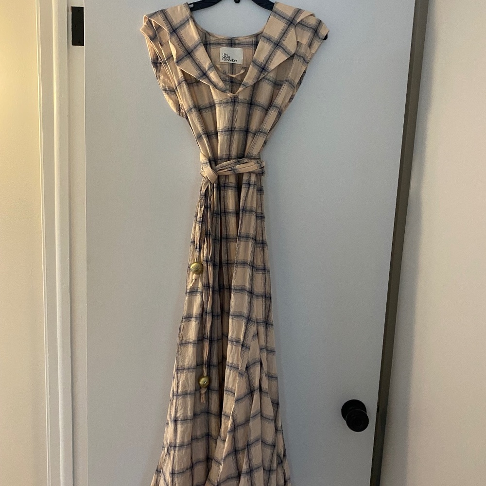 Lisa Marie Fernandez Blush Plaid Sleeveless Linen Dress with Belt